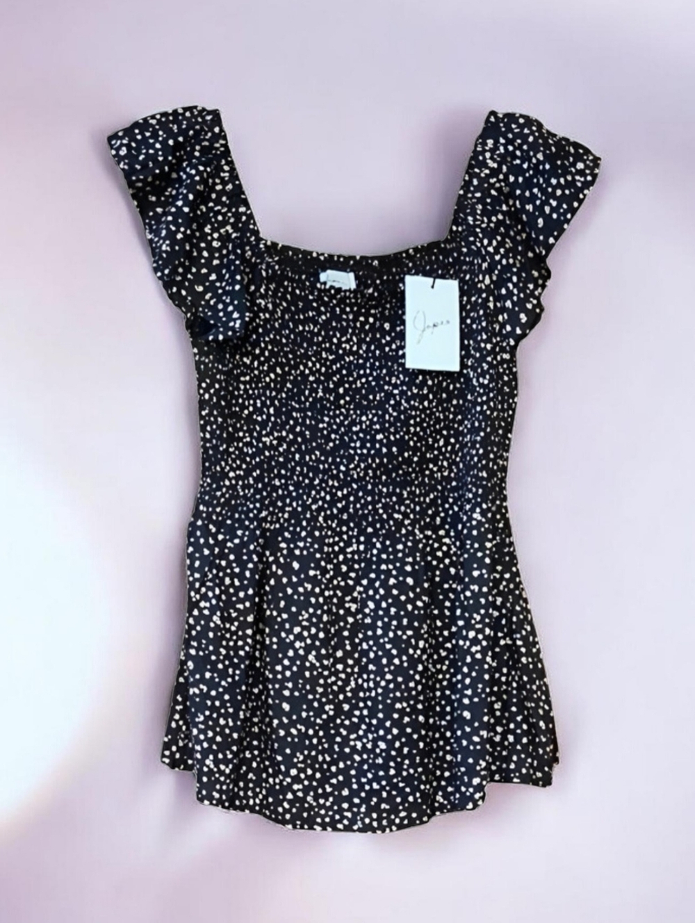 Japna Black and White Speckled Smocked Blouse Short Sleeve Size Small